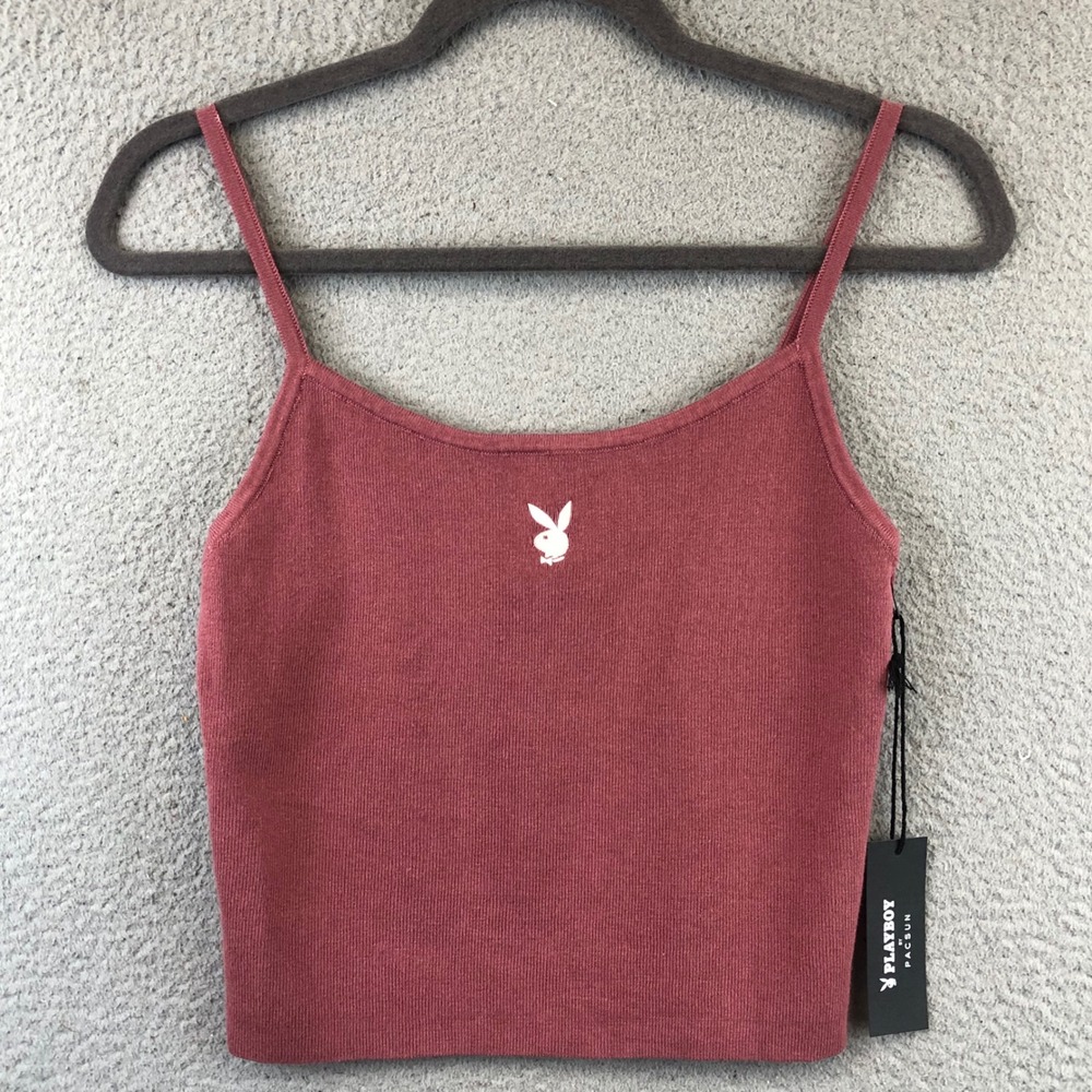 New Playboy by PacSun‎ Ribbed Crop Tank Top Bunny Logo Rose Mauve Pink Size L